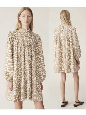Ganni Leopard Print Cotton Poplin Mini Shirt Dress Size EU 42 US 10/12